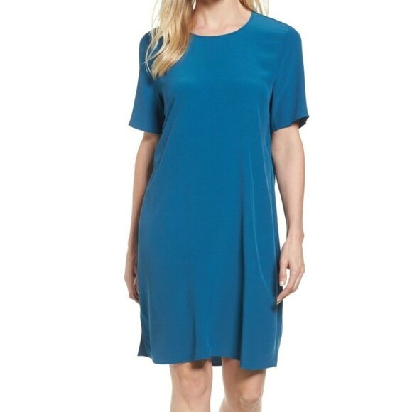 Eileen Fisher Nile Crepe Jersey Round Neck Knee Length Shift Dress - Picture 1 of 1